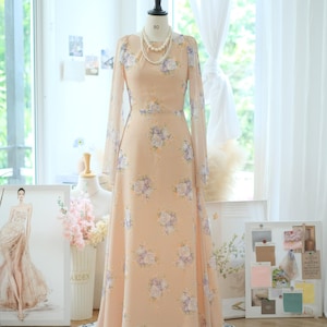 Floral Silk Chiffon Maxi Dress: Kimono Sleeve Backless Gown