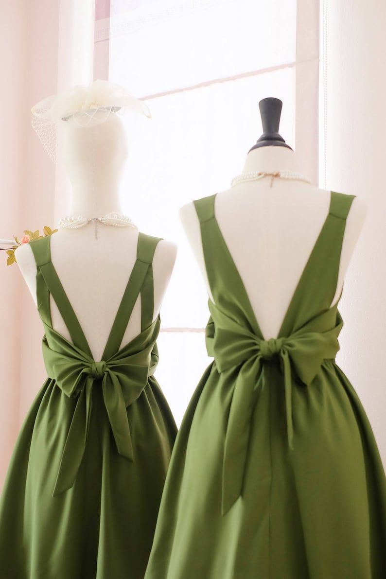 Moss Green bridesmaid dresses Green party dress Prom Cocktail wedding guest short dress Backless bow back dress Summer dress Customize image 1