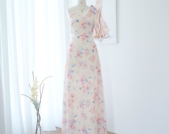 One shoulder bridesmaid dress Pale yellow floral printed maxi Floral chiffon summer wedding party dress Cocktail prom dress Evening gown