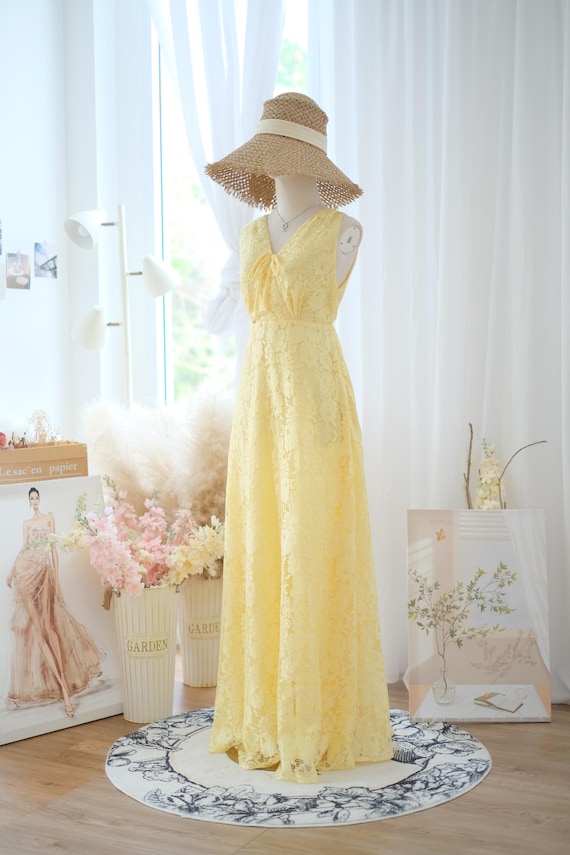 Yellow Lace Prairie Dress, Sleeveless Wedding Guest Dress, Bridesmaid Dress,  Lace Maxi Dress, Vintage Yellow Dress, Simple Party Dress - Etsy