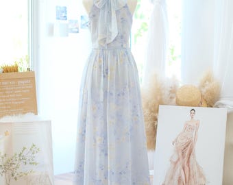 Blue floral vintage bridesmaid dresses, Wedding guest dress, French style dress, Vintage cottage dress, Delicate woman dress