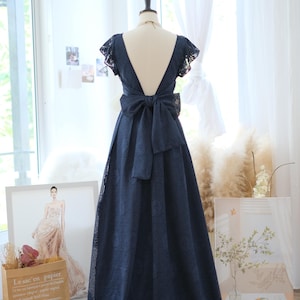 Navy lace backless bridesmaid dress , Maxi party prom dress , Wedding dress , Dark blue dress , Long party gown evening dress