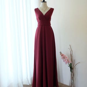 Burgundy Maxi Dress: V-Neck Bridesmaid, Prom, or Wedding Guest