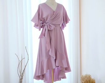 Mauve dress Purple bridesmaid dress Party Prom Cocktail wrap dress Wedding guest dress Purple prom dress midi dress short sleeve dress