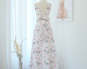 White Jacquard floral backless Bridesmaid dress V neck party prom cocktail dress Maxi evening gown sleeveless dress