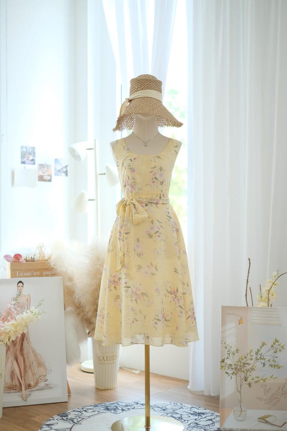 Yellow Floral Chiffon Bridesmaid Dress Midi Floral Summer
