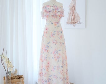 Pale yellow floral bridesmaid maxi dress Off shoulder party prom cocktail dress Wedding guest summer wedding Yellow dress dusty pink dress