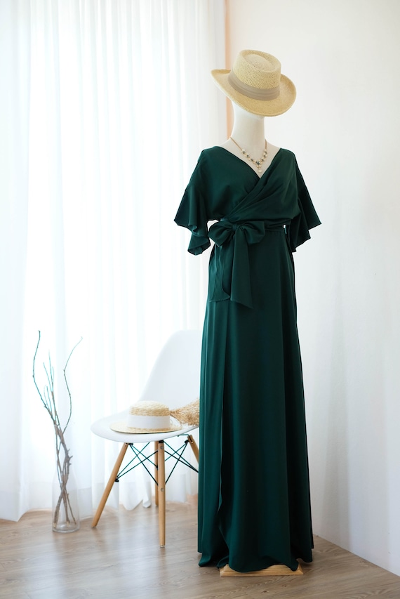 Dark Green Dress, Silk Dress, Wrap Dress, Bridesmaid Dress