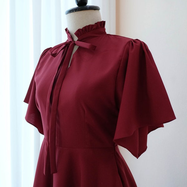 Wine dress Burgundy bridesmaid dresses Short sleeve party prom cocktail dress vintage short dress wedding guest dress Dark red dress