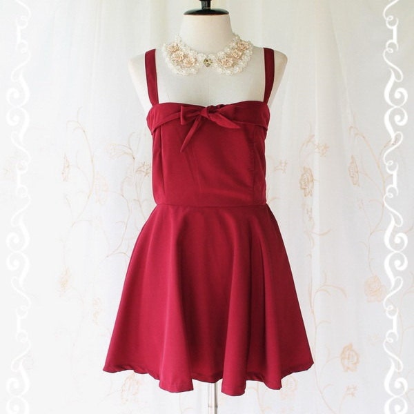 Princess Of Seasons III - Cutie Burgundy Sundress Spring Summer Inspired Classic Vintage Style Bow Tie Front Top Cutie Sundress