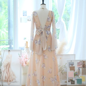 Floral Silk Chiffon Maxi Dress: Kimono Sleeve Backless Gown