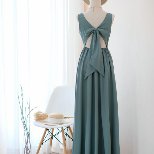Earthy sage green maxi dress , Bow back boho bridesmaid dresses , Wedding guest outfits , Cocktail prom party gown , casual look Earthy sage green maxi dress , Bow back boho bridesmaid dresses , Wedding guest outfits , Cocktail prom party gown , casual look