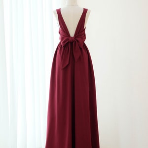 Burgundy Maxi Dress: Backless Bow Gown, Formal Events