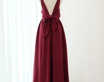 Robe longue bordeaux, robe de demoiselle d'honneur dos nu, longue soirée, robe de bal, cocktail, robe d'invité, nœud dans le dos, robe de soirée