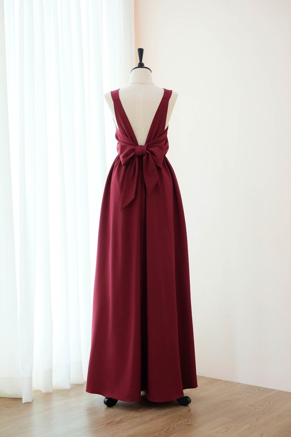 Burgundy Maxi Dress Backless Bridesmaid Dress Long Party Prom