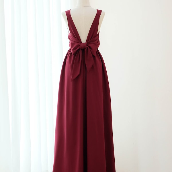 Burgundy maxi dress Backless bridesmaid dress Long party Prom dress Cocktail Wedding guest dress Bow back evening gown