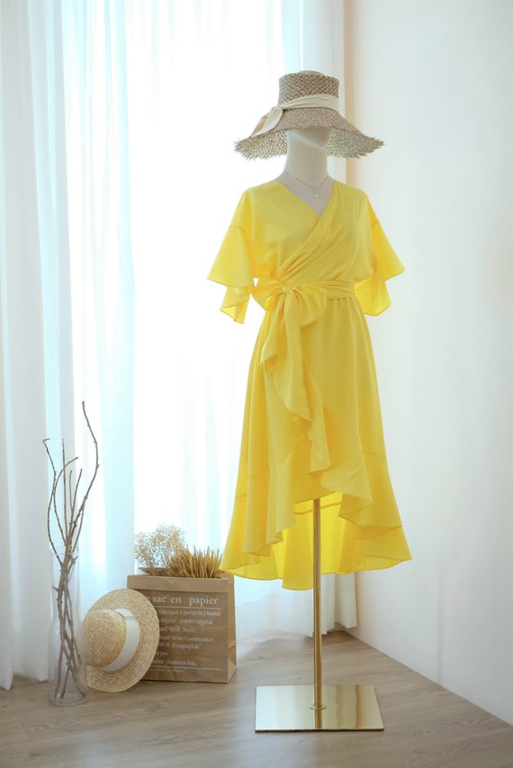 Lemon Yellow Bridesmaid Dress Midi Wrap Dress Short Sleeve - Etsy