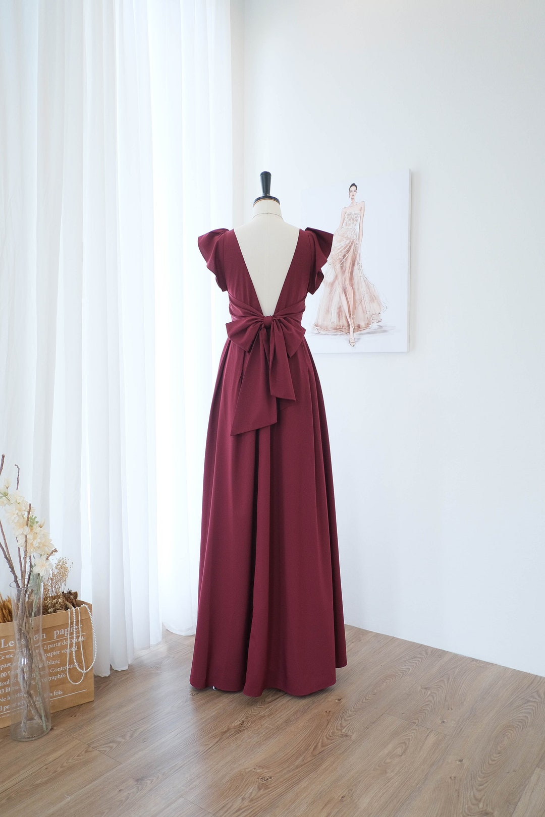 Burgundy Backless Bridesmaid Dress Maxi Dark Red Cocktail Party Dress ...