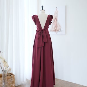 Burgundy Backless Maxi Dress: Dark Red Wedding Guest Gown