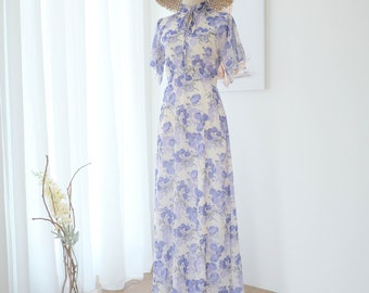 Purple roses bridesmaid dress Vintage inspired floral maxi dress short sleeve wedding guest dress High neck evening gown