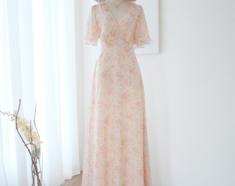 Peach floral chiffon bridesmaid dress Maxi party cocktail summer wedding dress Bell sleeve long floral sundress