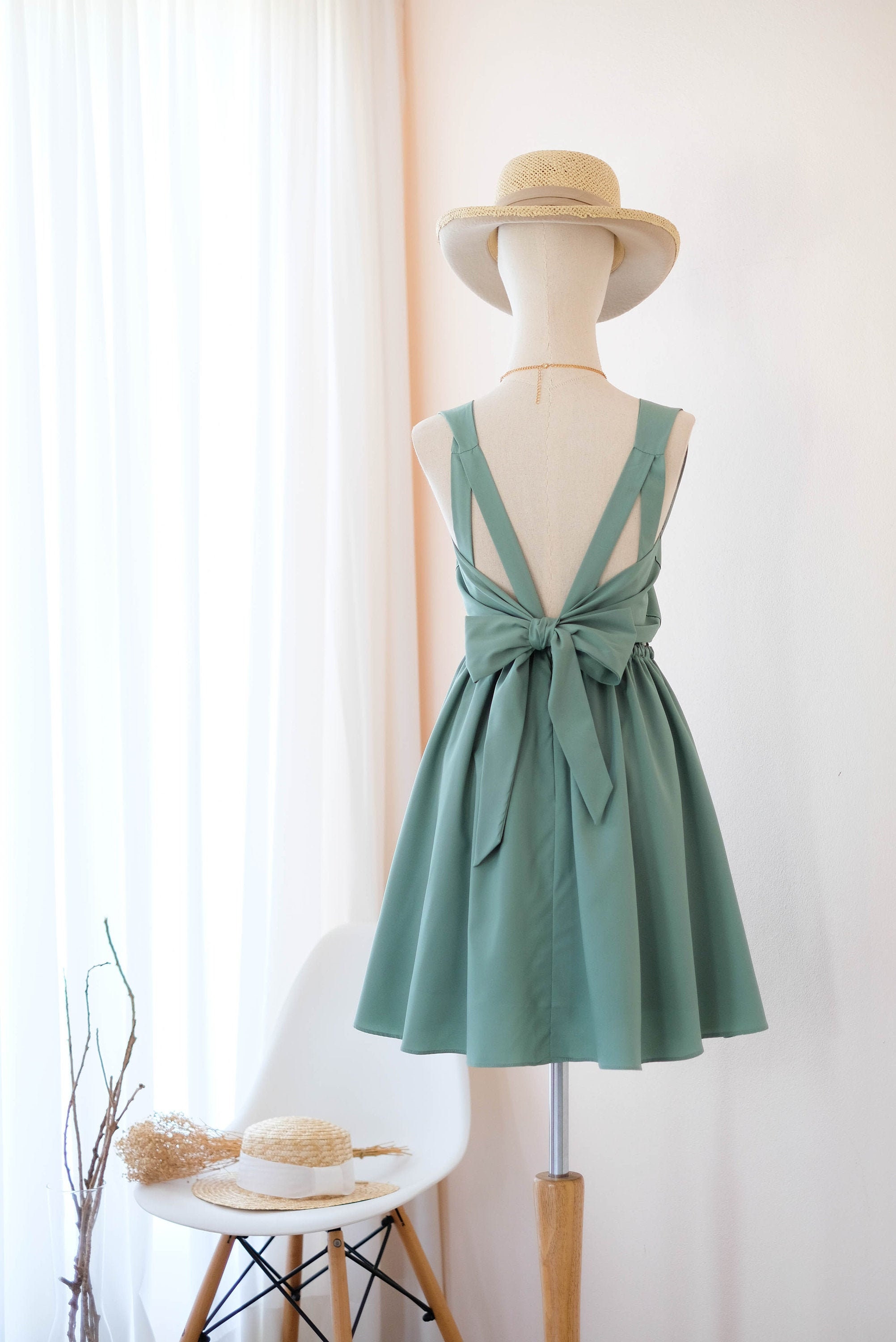 Dusty Sage Green Bridesmaid Dress Backless Party Dress Bow Etsy UK
