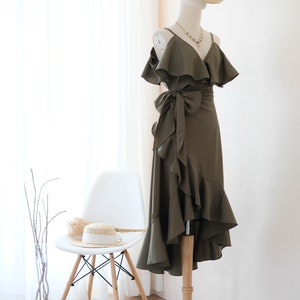 Olive green bridesmaid dress Green Midi party Women dress  Drop shoulder dress  Wedding guest dress   Asymmetrically dress