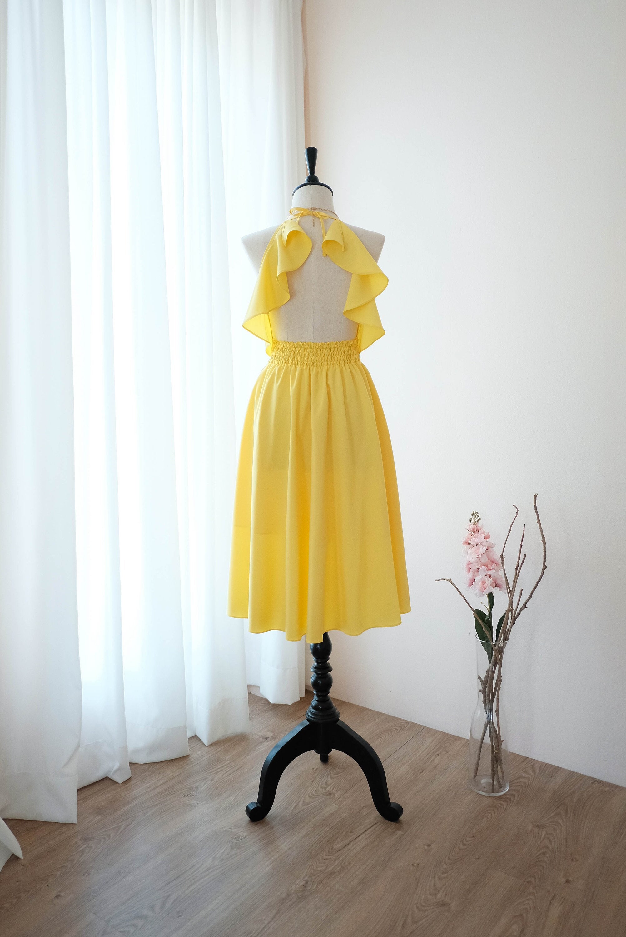 Yellow backless midi dress | Halter Yellow bridesmaid dress | Wedding guest dress | Cocktail party summer outfits Yellow backless midi dress | Halter Yellow bridesmaid dress | Wedding guest dress | Cocktail party summer outfits
