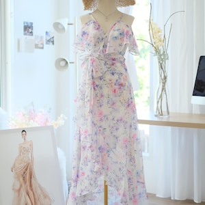 Maxi Floral wrap dress Summer Spring Bridesmaid dress Asymmetrically hem Wedding dress Party dress Cocktail dress Garden party dress