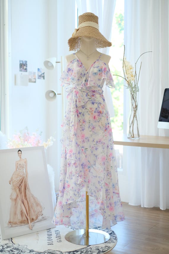 White Floral Dress Midi Bridesmaid Dress Summer Wedding Guest