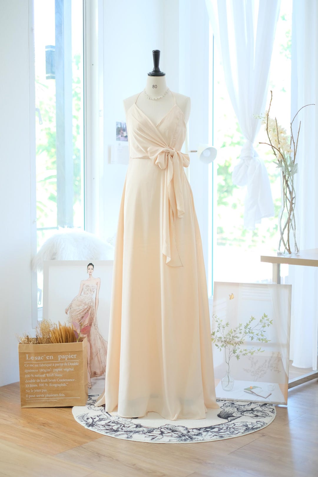 Vestido de cetim bege cremoso, Vestido de dama de honra, Vestido