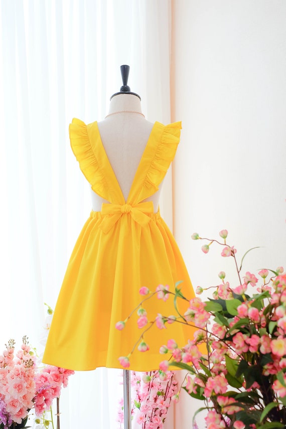 Yellow Suspender Dress, Backless Cotton Mini Dress, Summer Sundress for Women, Vintage Inspired Short Party Dress, Yellow Beach Coverup Yellow Suspender Dress, Backless Cotton Mini Dress, Summer Sundress for Women, Vintage Inspired Short Party Dress, Yellow Beach Coverup