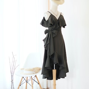 Seaweed Green bridesmaid dress Midi party dress Drop shoulder dress V neck Cocktail dress Dark Green Asymmetrically hem dress