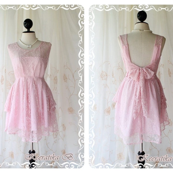 A Party - Cocktail Prom Party Dinner Wedding Night Dress Light Pink Lace With Candy Pink Lined Deep Back Bow Tie Special Lacy Made