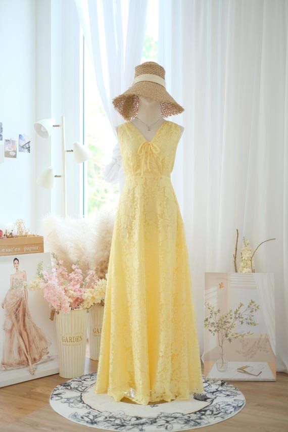 Yellow Lace Prairie Dress, Sleeveless Wedding Guest Dress, Bridesmaid Dress, Lace Maxi Dress, Vintage Yellow Dress, Simple Party Dress - Etsy Yellow Lace Prairie Dress, Sleeveless Wedding Guest Dress, Bridesmaid Dress, Lace Maxi Dress, Vintage Yellow Dress, Simple Party Dress - Etsy