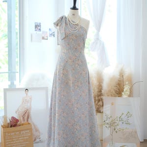 Dusty blue floral bridesmaid dress , One shoulder wedding guest dress , Maxi cocktail prom party dress , Blue chiffon dress