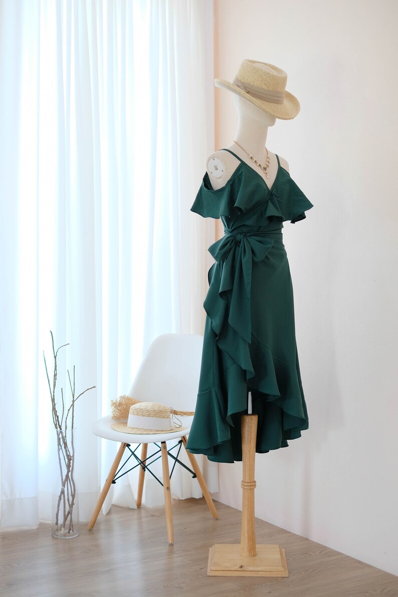 Forest Green bridesmaid dress Midi party dress Drop shoulder dress V neck Cocktail dress Dark Green Asymmetrically hem dress image 1