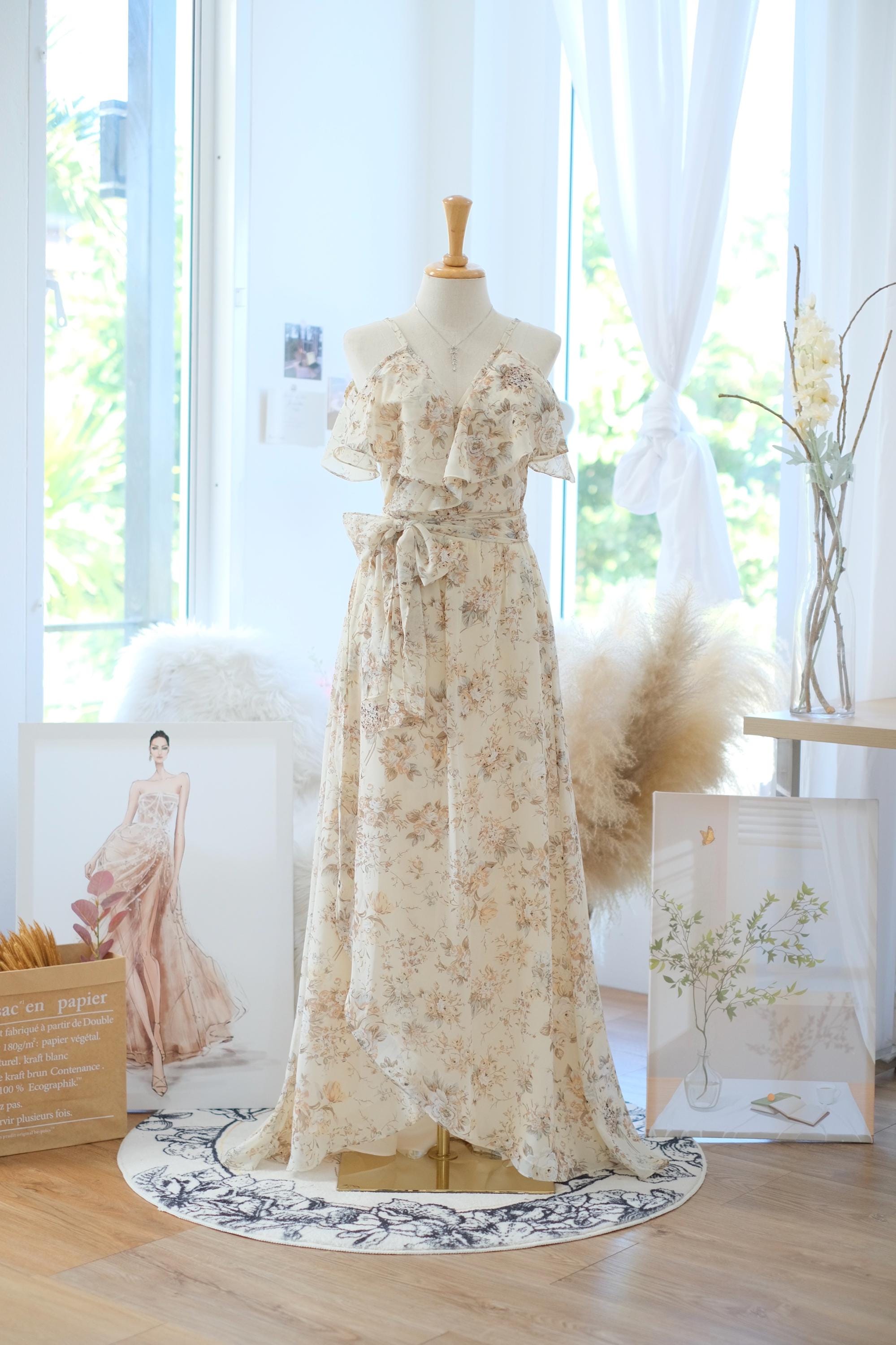 princess polly baby blue dress Sheer Floral Chiffon Bridesmaid Dress, Boho Wedding Guest Maxi Dress, Drop  Shoulder Wrap Dress, Beach Garden Wedding Theme