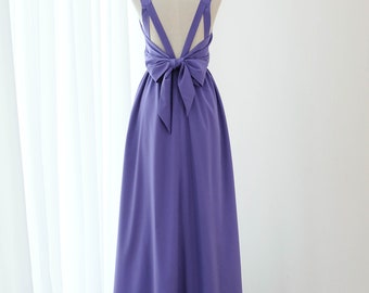Royal purple backless maxi bridesmaid dress , bow back purple wedding guest gown , cocktail party prom dresses