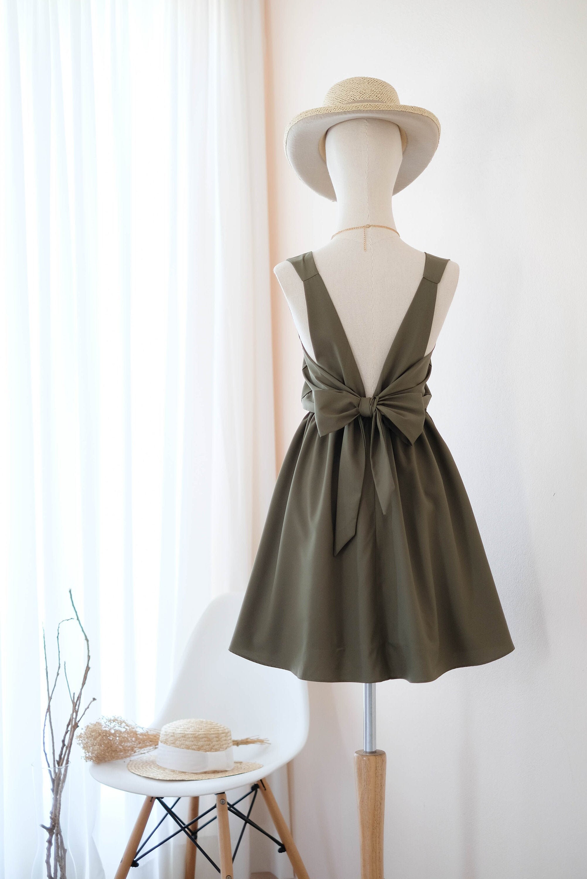 Olive Green Bridesmaid Dress Short Summer Dress Backless Bow - Etsy