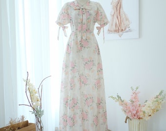 Creamy floral bridesmaid maxi dress Cotton summer dress Dolly sleeve party wedding guest dress vintage inspired pink floral dress