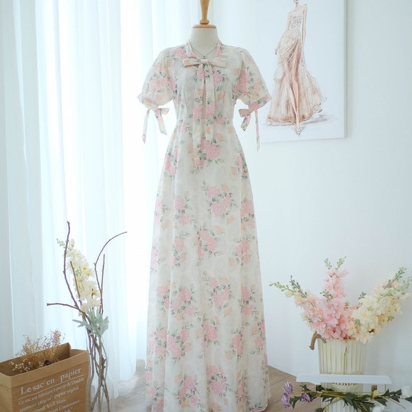 Creamy floral bridesmaid maxi dress Cotton summer dress Dolly sleeve party wedding guest dress vintage inspired pink floral dress