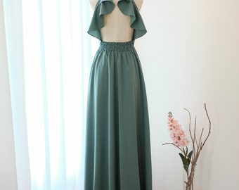 Sage green dress backless party bridesmaid dresses halter floor length party prom cocktail dress wedding guest dress dusty green dress