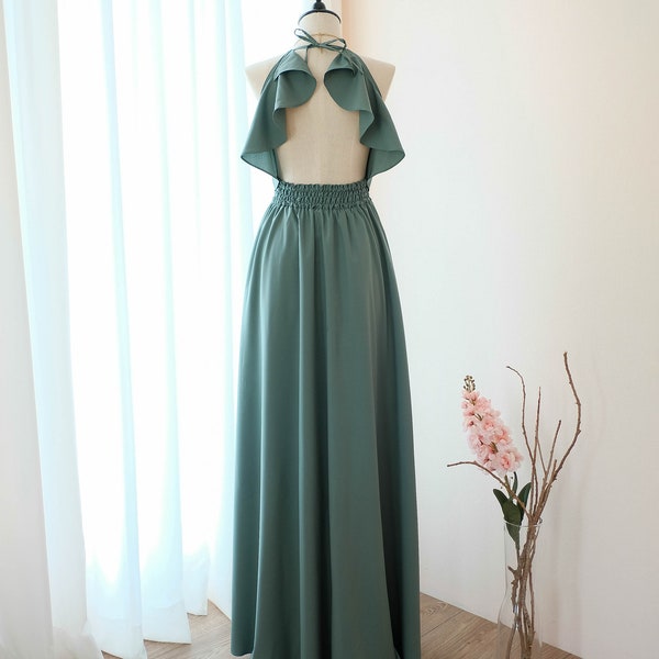 Sage green dress backless party bridesmaid dresses halter floor length party prom cocktail dress wedding guest dress dusty green dress