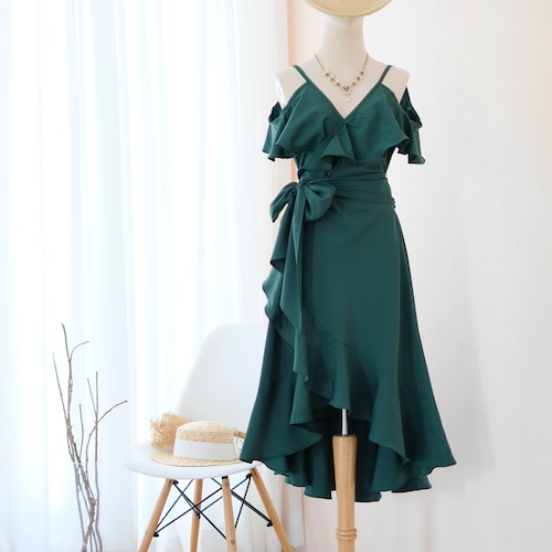 olive green fit and flare dress Olive Green Stretch Velvet Off The Shoulder Fit & Flare Prom Gown –  Aquarius Brand main image 0