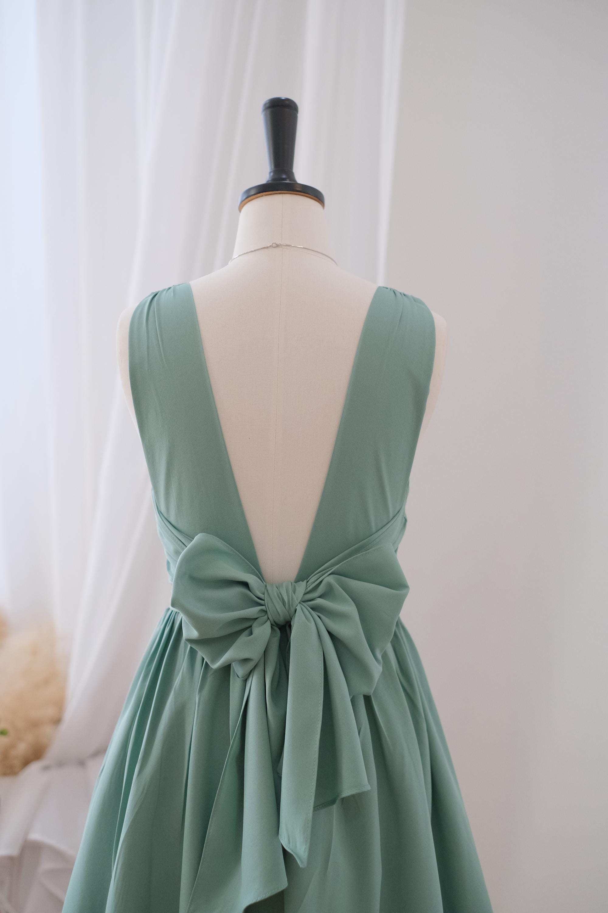 Dusty sage green bridesmaid dresses, Wedding guest short dress, Backless mini dress, Summer bow back party dress, Vintage cottage dress Dusty sage green bridesmaid dresses, Wedding guest short dress, Backless mini dress, Summer bow back party dress, Vintage cottage dress