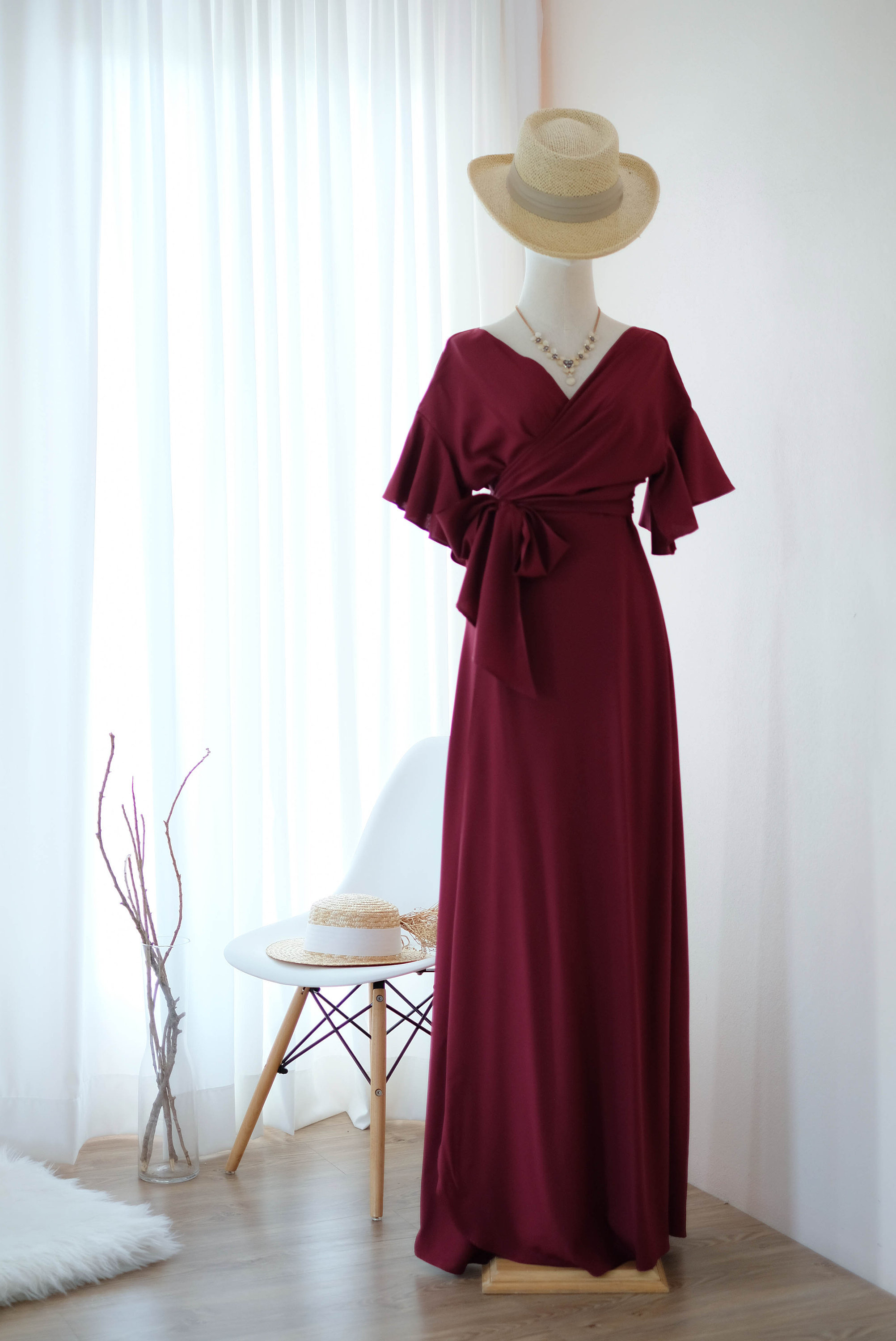 a-line bridesmaid dresses Pink Chiffon A-line V-neck Long Bridesmaid Dress MBD161 main image 0