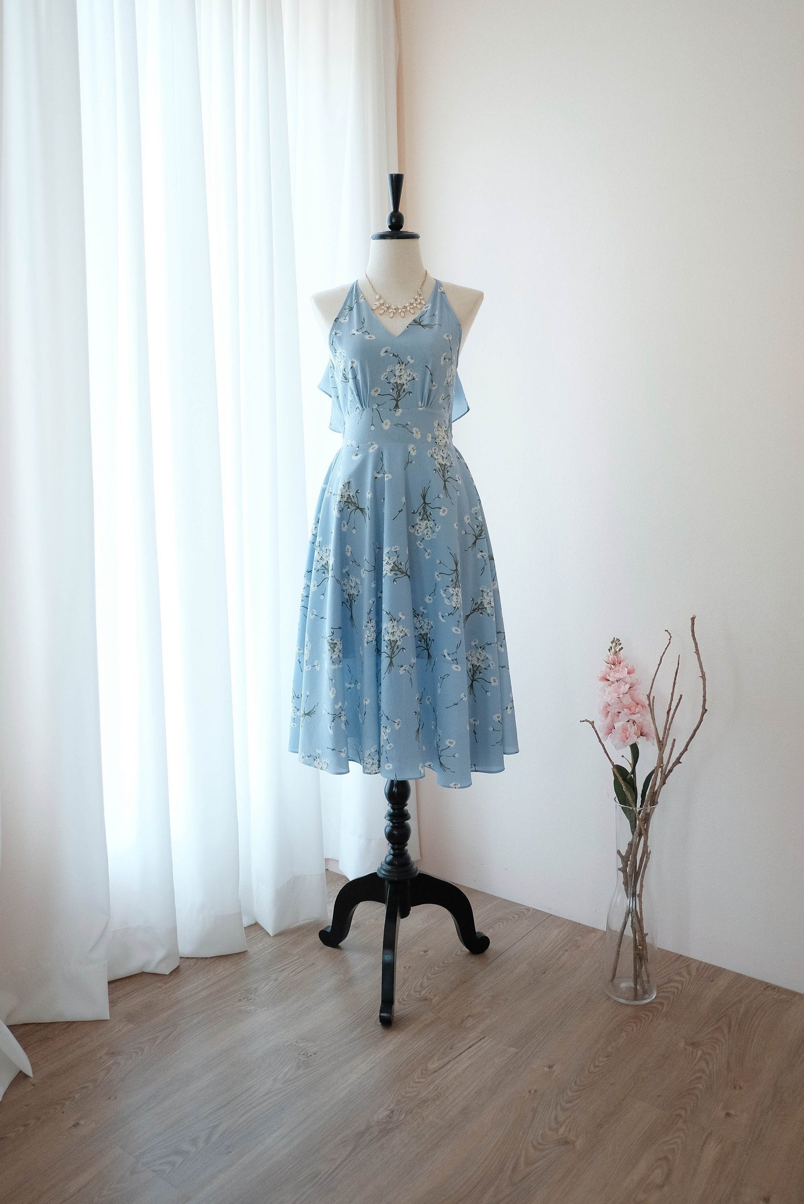 Blue dress Floral Blue Bridesmaid dress Mid Length Cocktail | Etsy