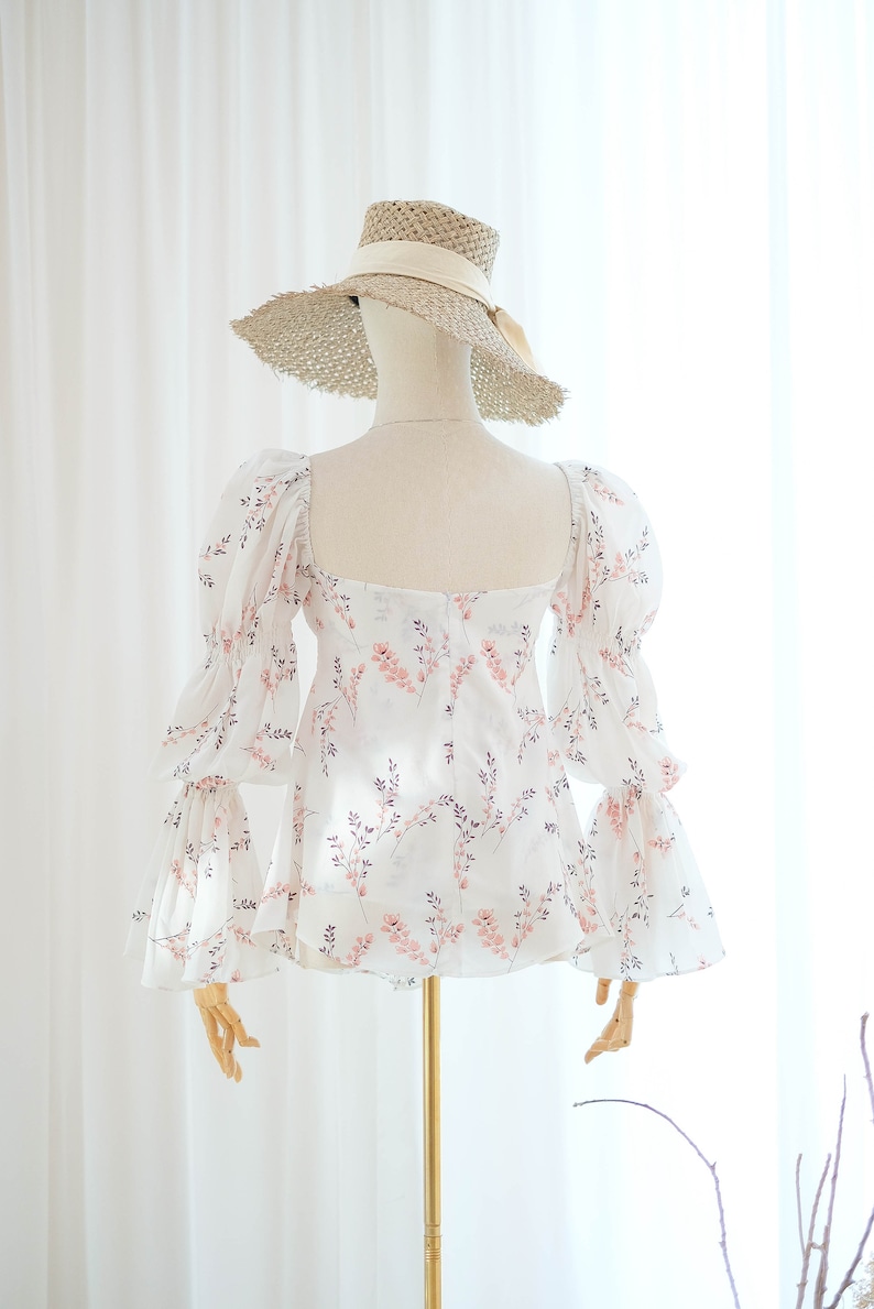 White Floral Blouse Long Puffed Sleeve Summer Blouse Tunic Etsy