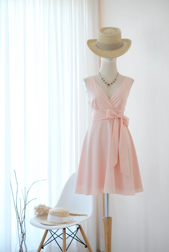 Pink Blush Bridesmaid Dress V Neck Short Vintage Party Dress Tea